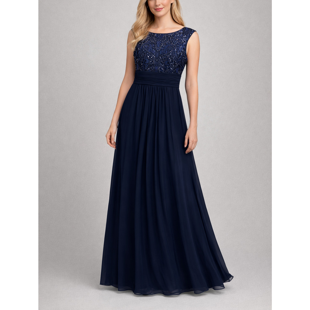 Eliza J Sequin Embroidered Chiffon Formal Gown Womens 12 Navy Maxi Dress Evening